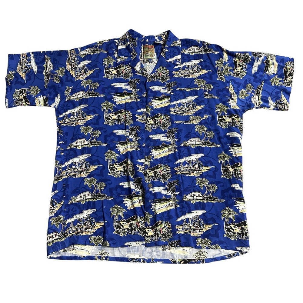 Vintage Pineapple Connection Hawaiian Shirt XL Rayon Blue Camper Aloha Beach